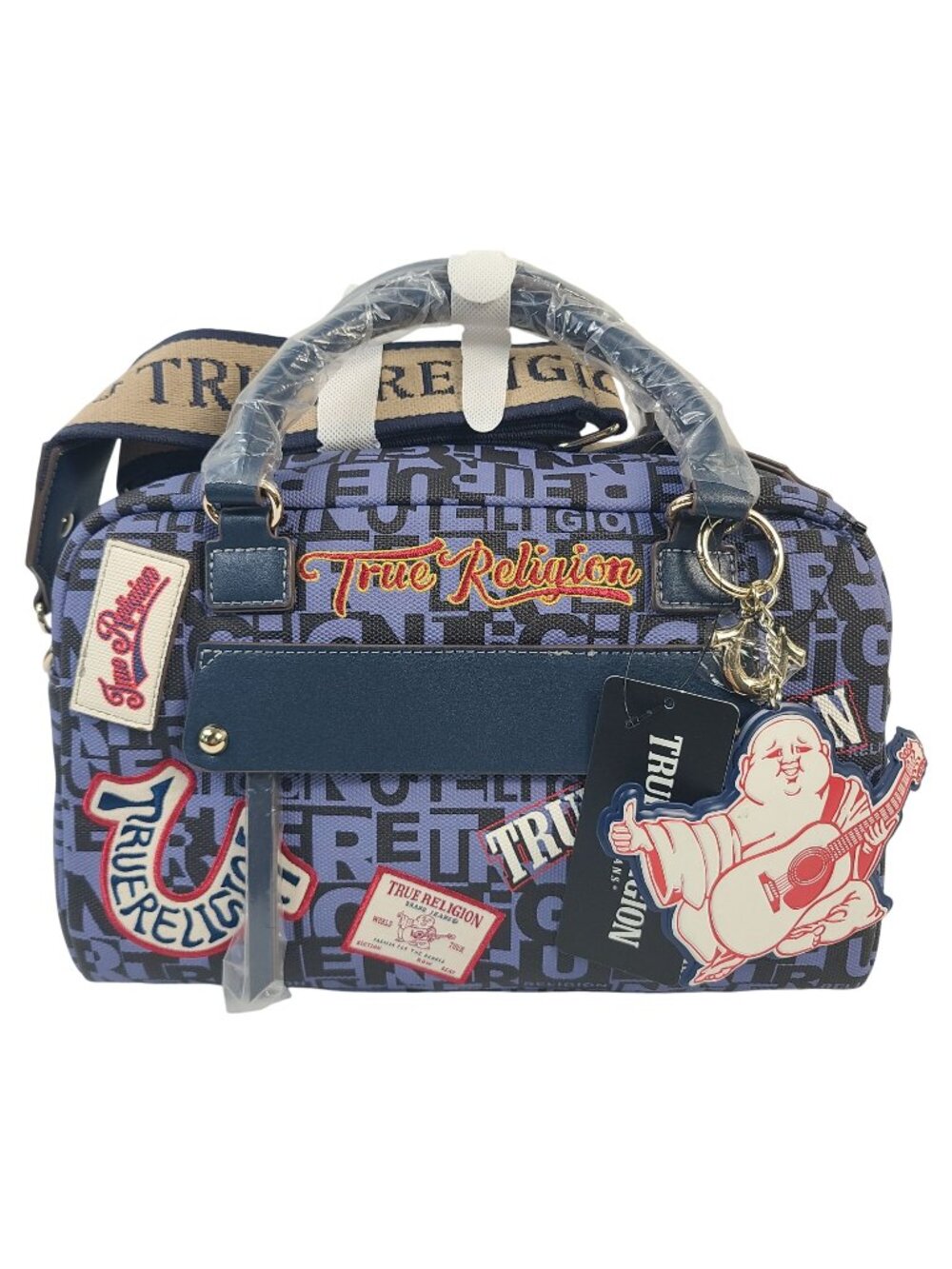 NEW True Religion Navy Logo Satchel Bag With Adjustable Strap & Charm Accents